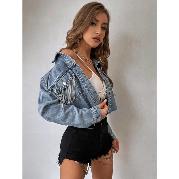 Rhinestone Fringe Trim Raw Cut Crop Denim Jacket jean jacket blue - Picture 1 of 4